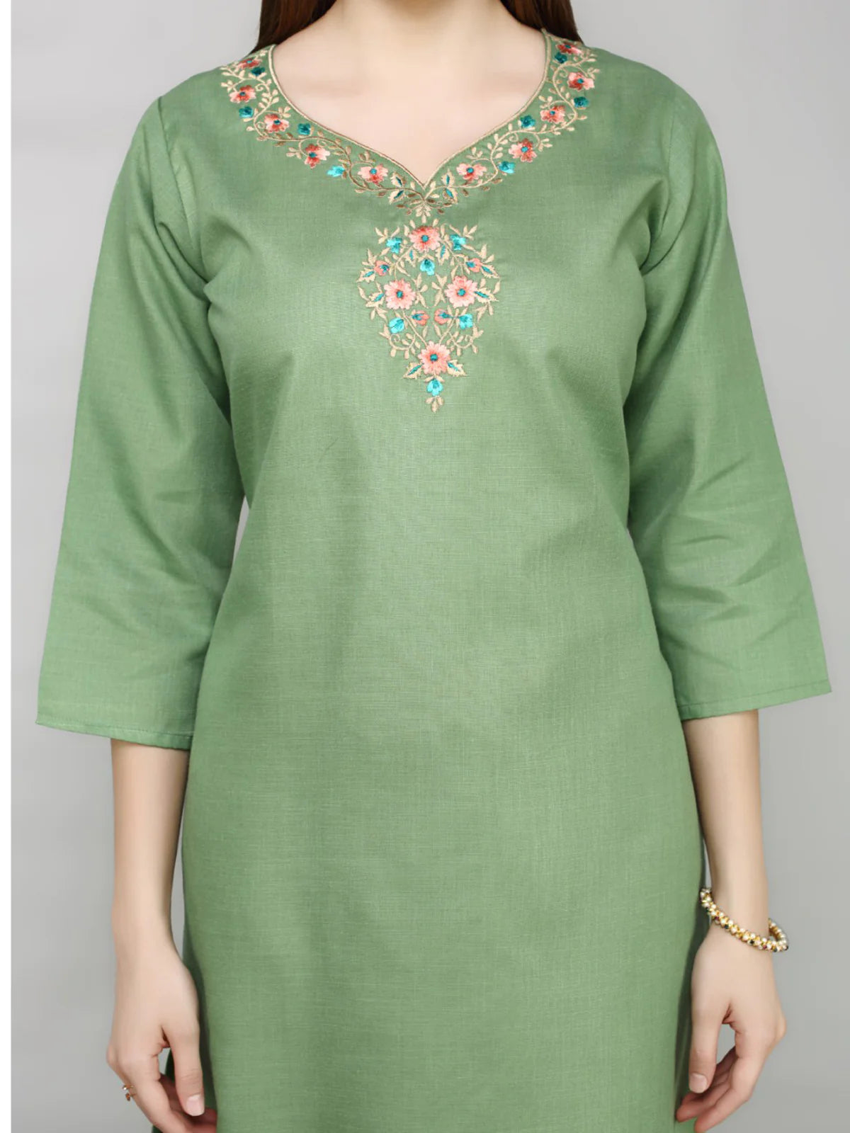 Green Embroided Straight Cotton Kurta