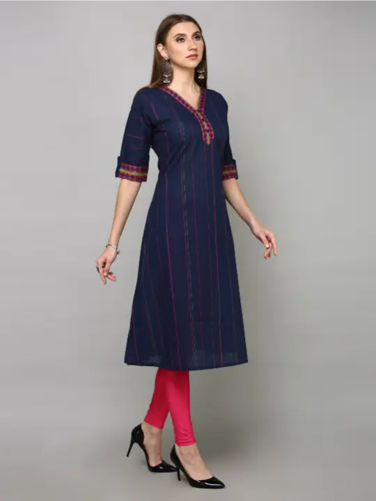 Navy Blue Handloom Cotton Stripped Printed Kurta