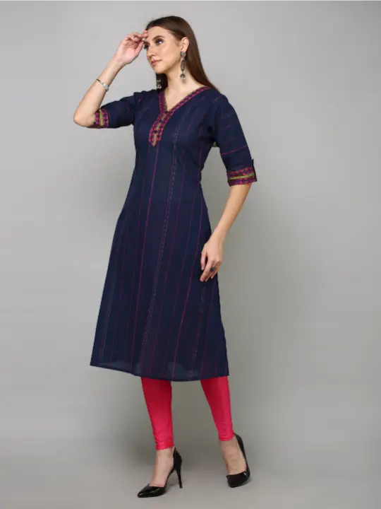 Navy Blue Handloom Cotton Stripped Printed Kurta