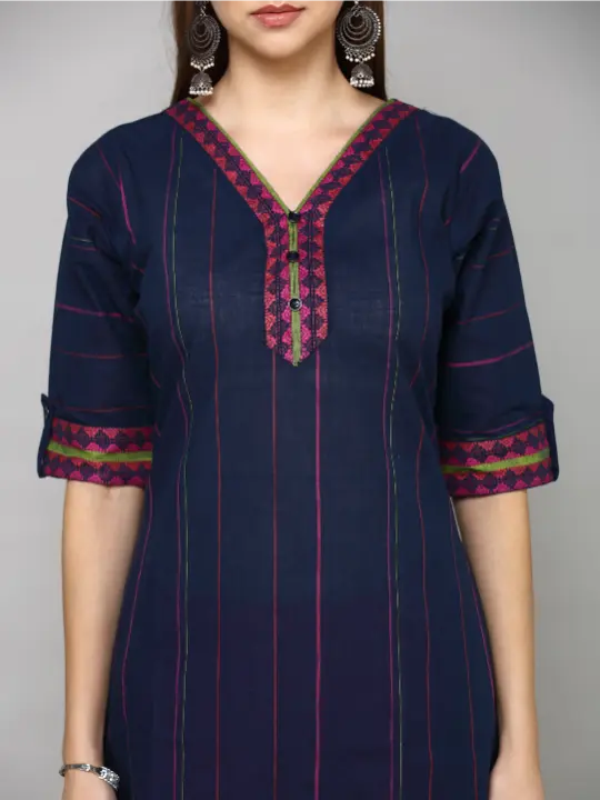Navy Blue Handloom Cotton Stripped Printed Kurta
