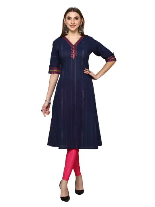Navy Blue Handloom Cotton Stripped Printed Kurta