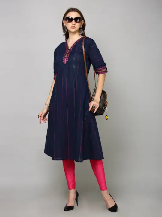 Navy Blue Handloom Cotton Stripped Printed Kurta