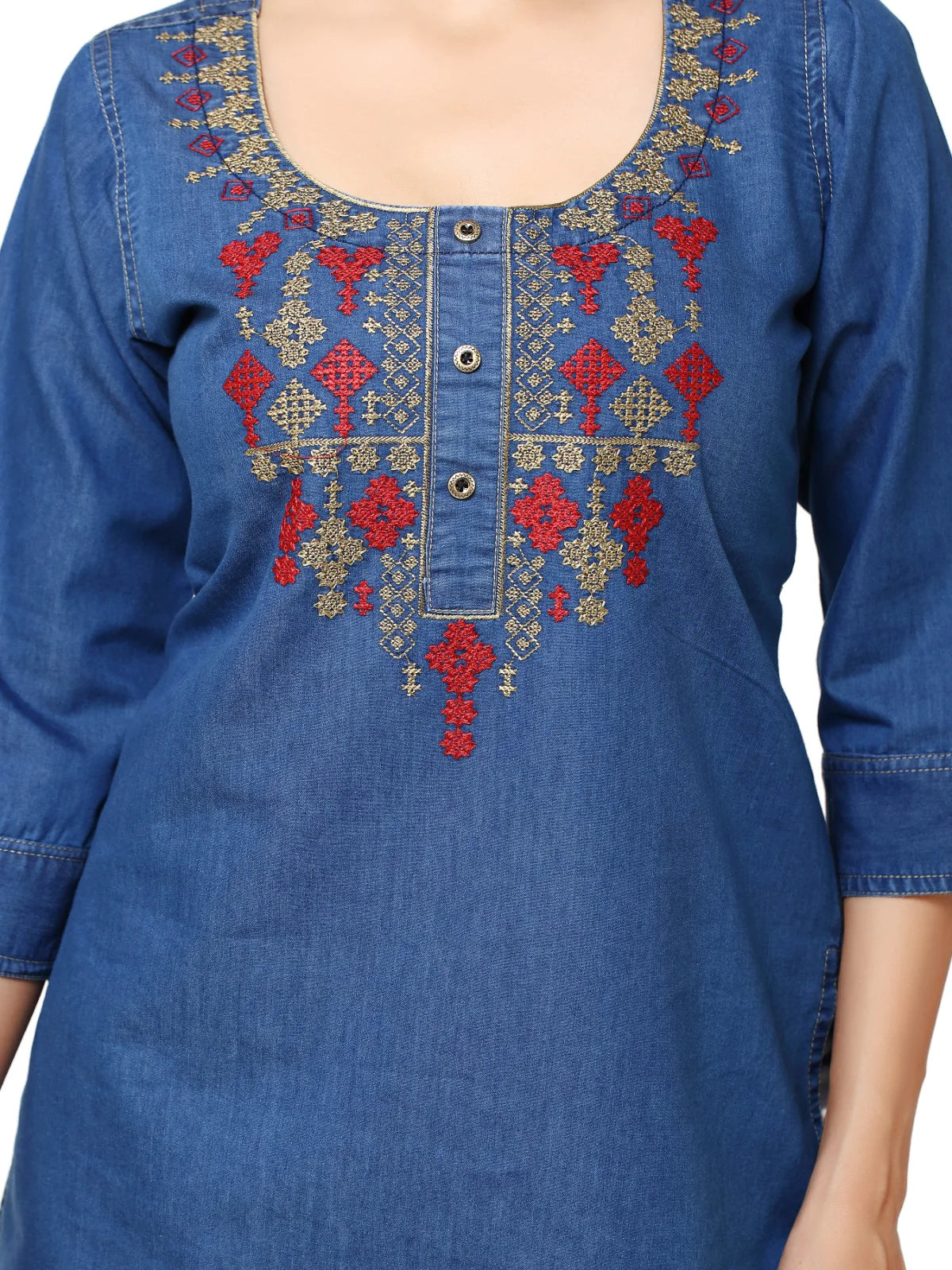 Blue Denim Embroidered Kurti