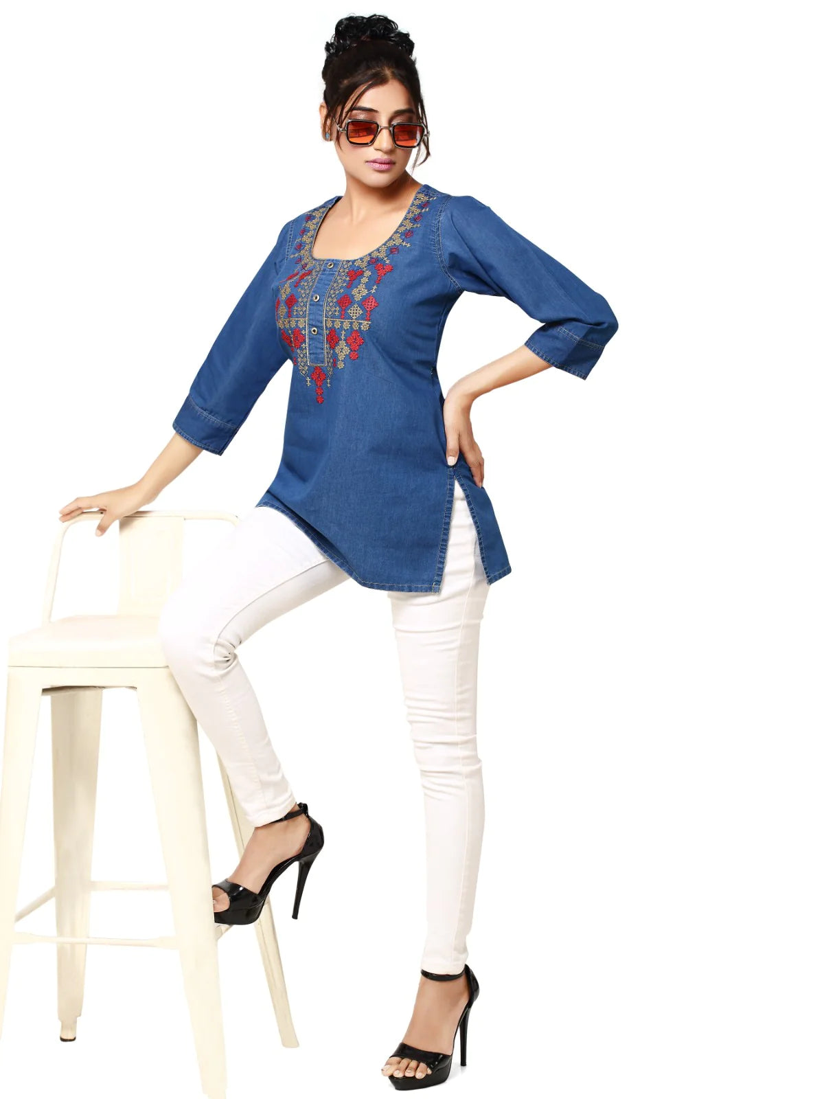 Blue Denim Embroidered Kurti