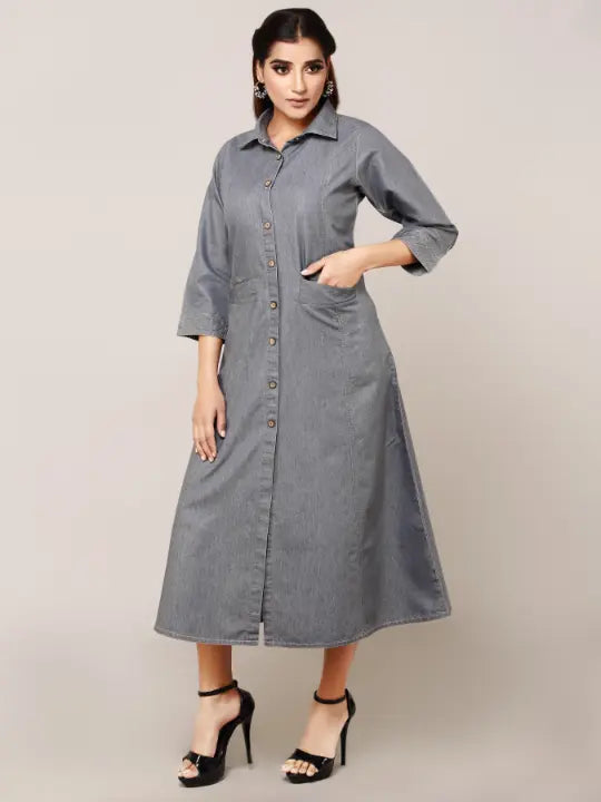 Grey Denim Embroidered Kurta