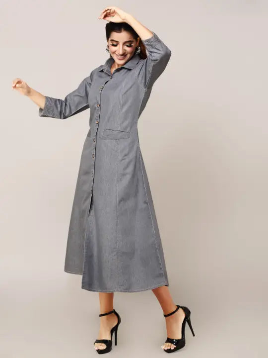 Grey Denim Embroidered Kurta