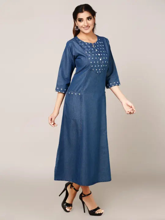 Blue Denim Embroidered Dress