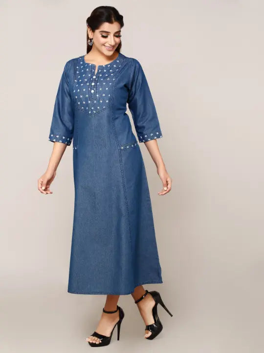 Blue Denim Embroidered Dress