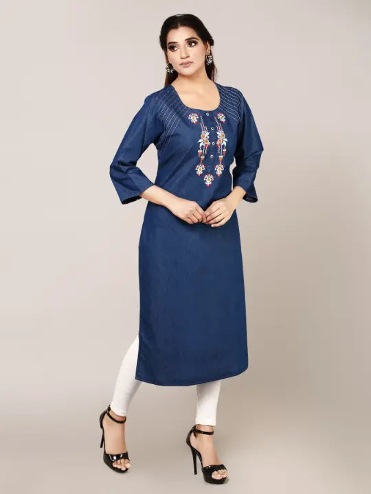 Blue Denim Embroidered Kurta