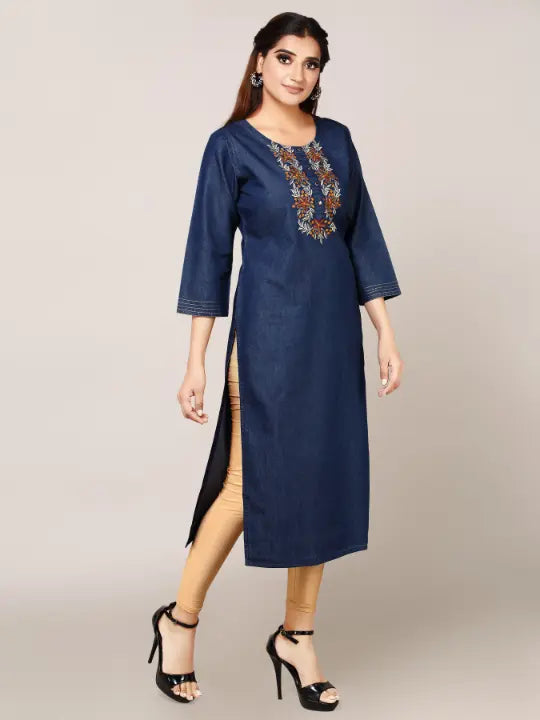 Blue Denim Embroidered Kurta