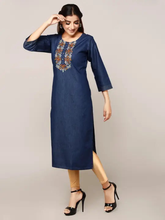 Blue Denim Embroidered Kurta
