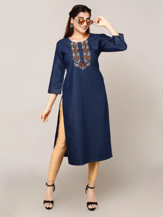 Blue Denim Embroidered Kurta