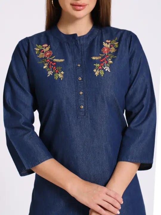 Blue Denim Embroidered Kurta