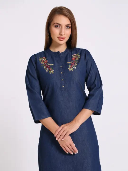 Blue Denim Embroidered Kurta