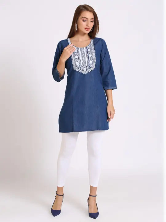 Blue Denim Embroidered Kurti