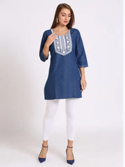 Blue Denim Embroidered Kurti