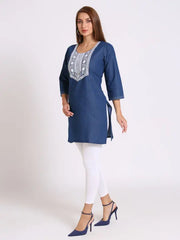 Blue Denim Embroidered Kurti