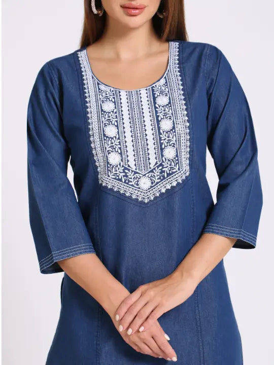 Blue Denim Embroidered Kurti