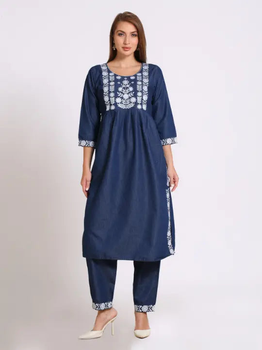 Blue Denim Embroidered Kurta Bottom Set