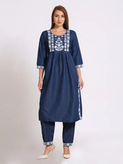 Blue Denim Embroidered Kurta Bottom Set
