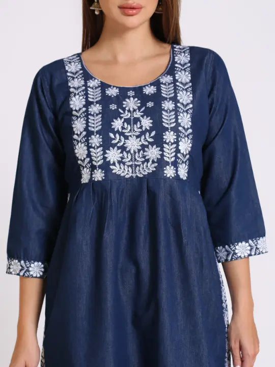 Blue Denim Embroidered Kurta Bottom Set