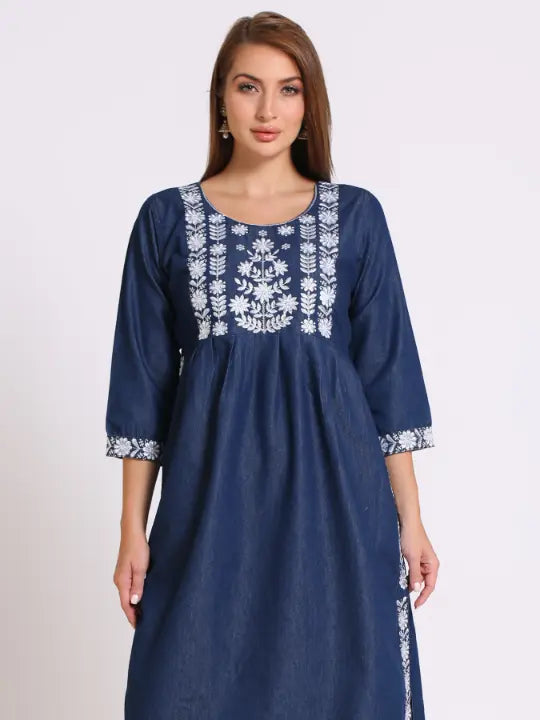 Blue Denim Embroidered Kurta Bottom Set