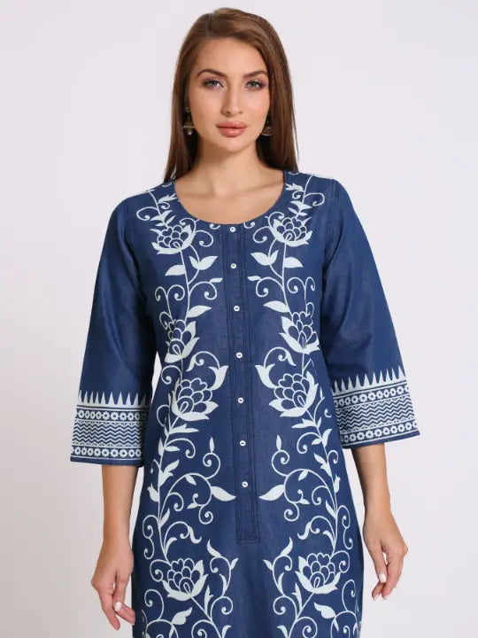 Blue Denim Printed Kurta