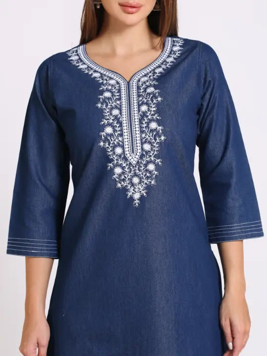 Blue Denim Embroidered Kurta