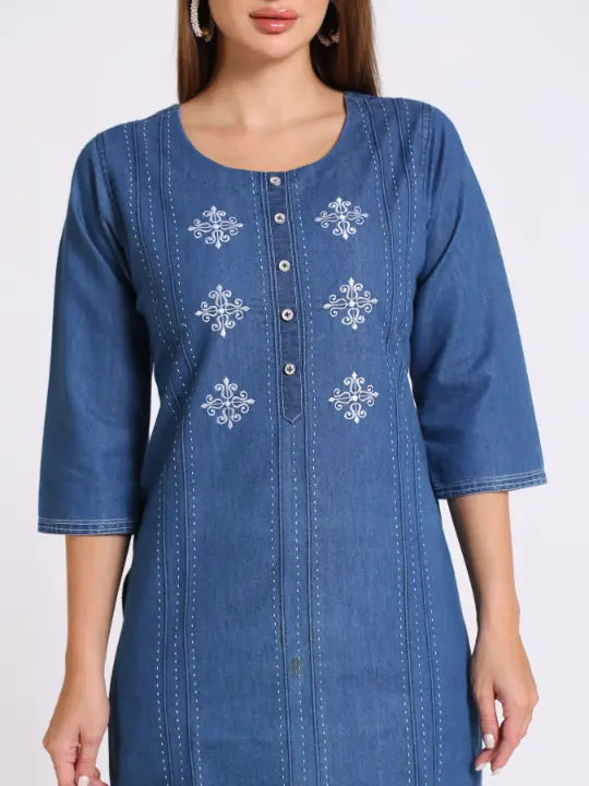 Blue Denim Embroidered Kurta
