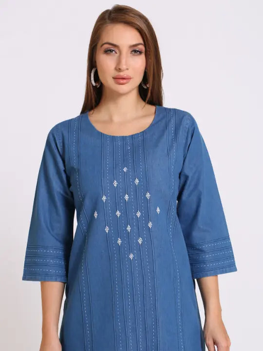 Blue Denim Embroidered Kurta
