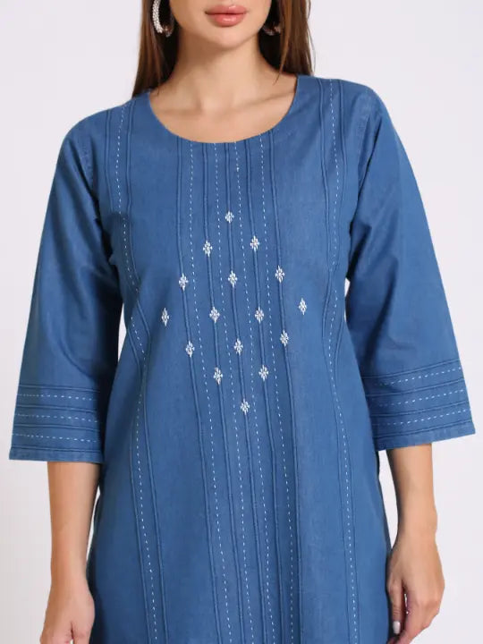 Blue Denim Embroidered Kurta
