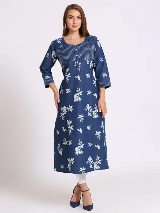 Blue Denim Printed Kurta