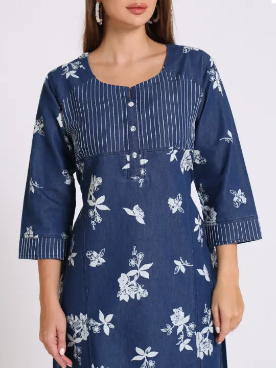 Blue Denim Printed Kurta