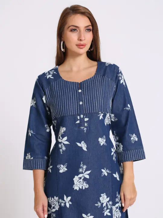 Blue Denim Printed Kurta