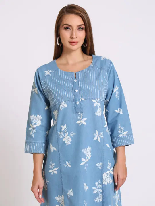 Light Blue Denim Printed Kurta