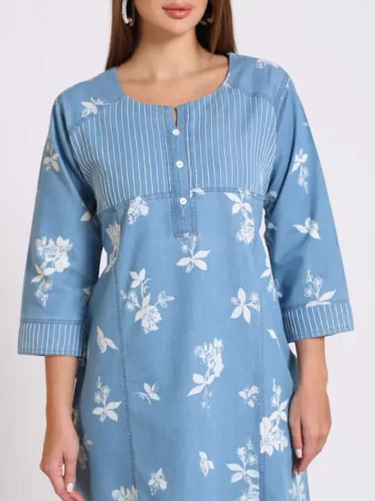 Light Blue Denim Printed Kurta