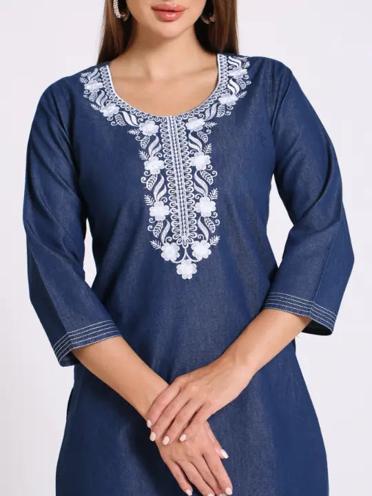 Blue Denim Embroidered Kurta