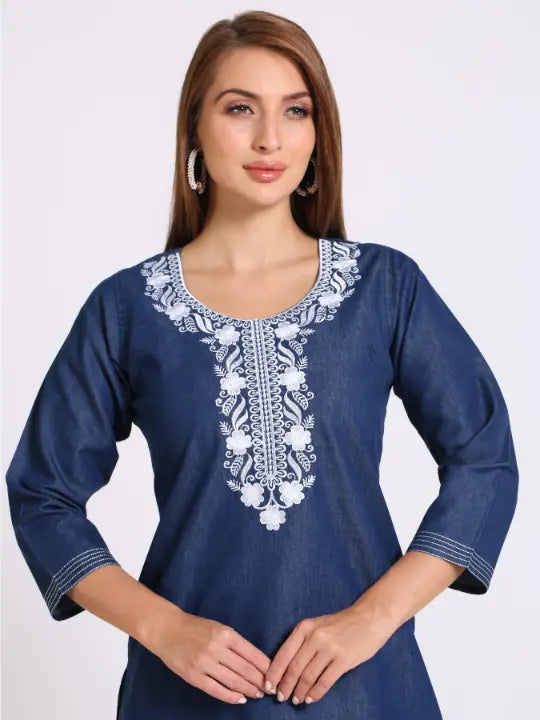 Blue Denim Embroidered Kurta