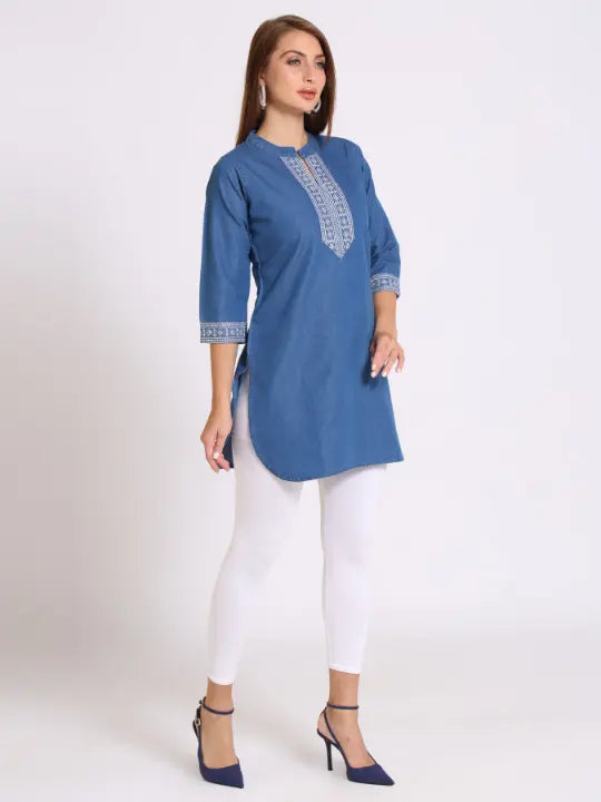 Blue Denim Embroidered Kurti