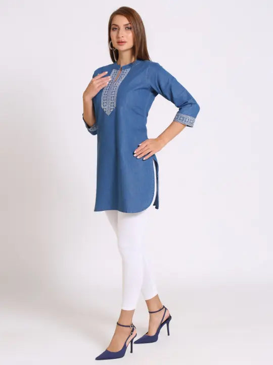 Blue Denim Embroidered Kurti