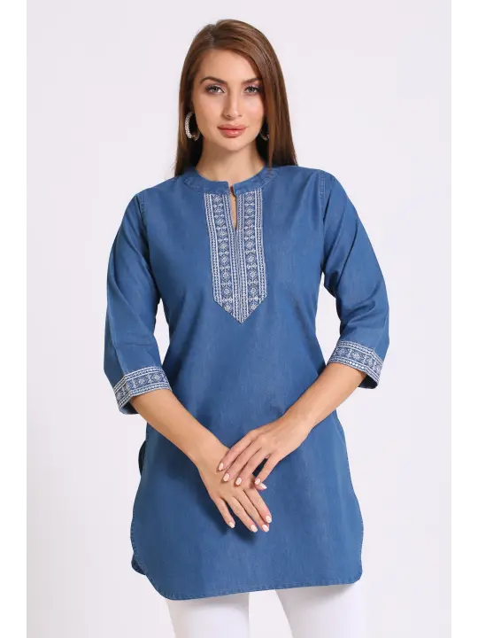Blue Denim Embroidered Kurti
